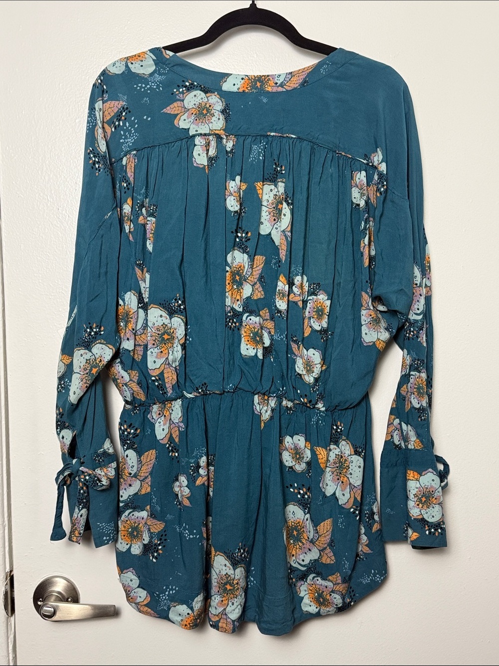 Free People Tuscan Dreams Floral Tunic Mini Dress Teal Blue Faux Wrap - Picture 11 of 11